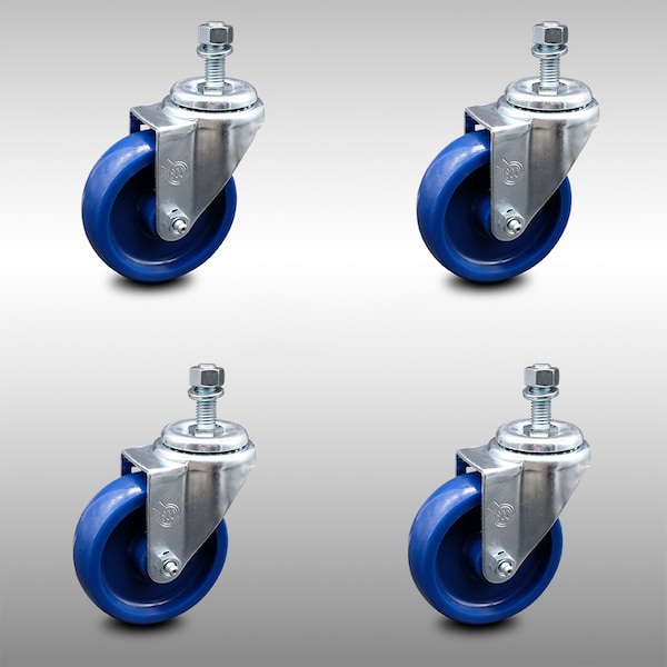 4 Inch SS Solid Polyurethane Wheel Swivel 1/2 Inch Threaded Stem Caster Set SCC